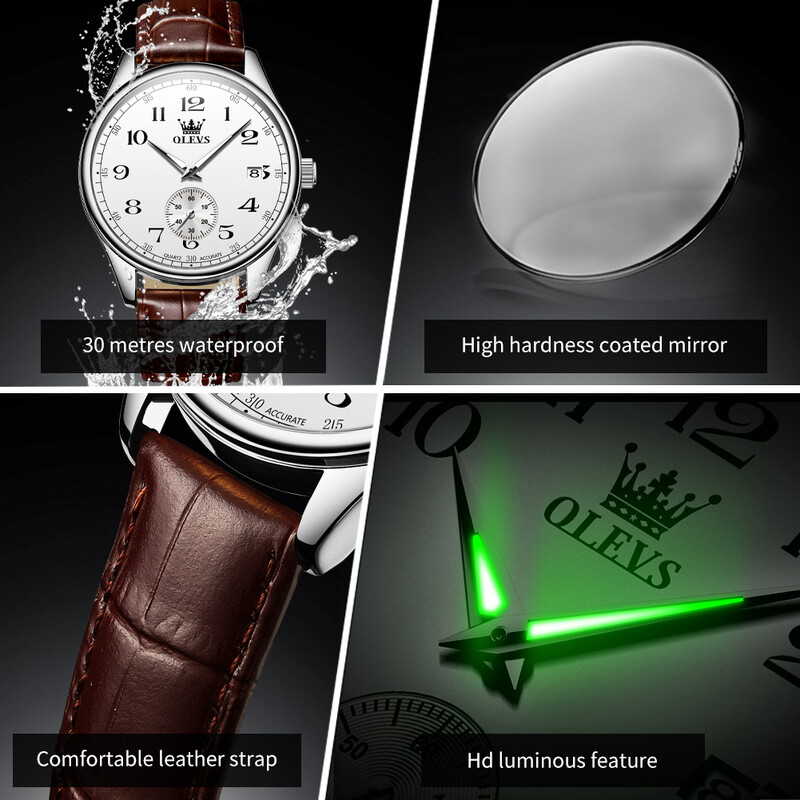 OLEVS vīriešu pulksteņi, vienkārši, moderni, lieli arābu cipari, oriģināls kvarca pulkstenis vīrietim, ūdensizturīgs, gaišs ādas siksniņa