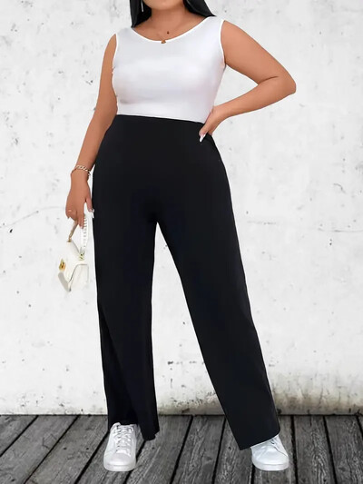 Modes sieviešu lielizmēra 1XL-5XL ikdienišķas viengabalainas bikses ar platām kājām Sieviešu bikses ar augstu vidukli Sieviešu lielizmēra apģērbs