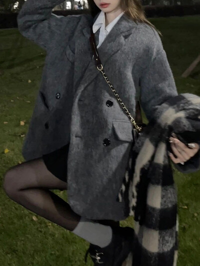 LANMREM Vintage ziemas pelēks mētelis sievietēm ar robainu apkakli, divrindu vaļīgas jakas korejiešu stila 2023. gada jauns apģērbs 2AA3588