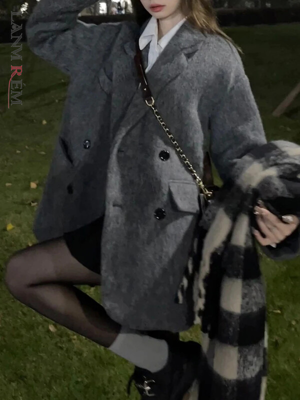 LANMREM Vintage ziemas pelēks mētelis sievietēm ar robainu apkakli, divrindu vaļīgas jakas korejiešu stila 2023. gada jauns apģērbs 2AA3588