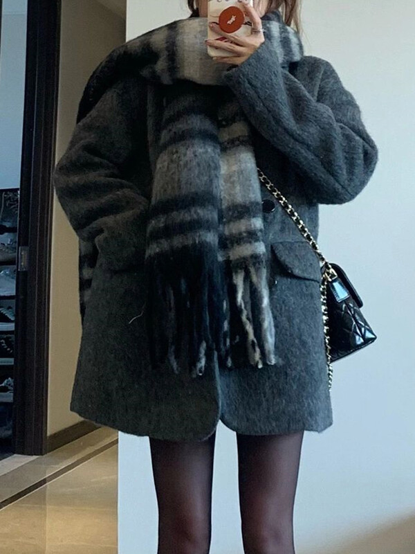 LANMREM Vintage ziemas pelēks mētelis sievietēm ar robainu apkakli, divrindu vaļīgas jakas korejiešu stila 2023. gada jauns apģērbs 2AA3588