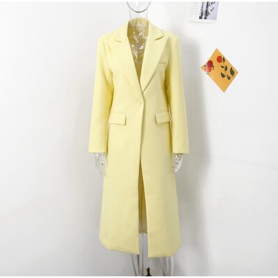 Modes vilnas garais mētelis sieviešu 2024. gada rudens poga ar pilnām piedurknēm, viltota kabata, sadalīta, dzeltena virsjaka, eleganta, liela izmēra Jaunums virsdrēbēs