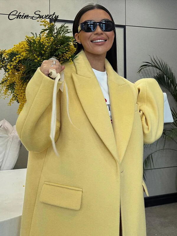 Modes vilnas garais mētelis sieviešu 2024. gada rudens poga ar pilnām piedurknēm, viltota kabata, sadalīta, dzeltena virsjaka, eleganta, liela izmēra Jaunums virsdrēbēs