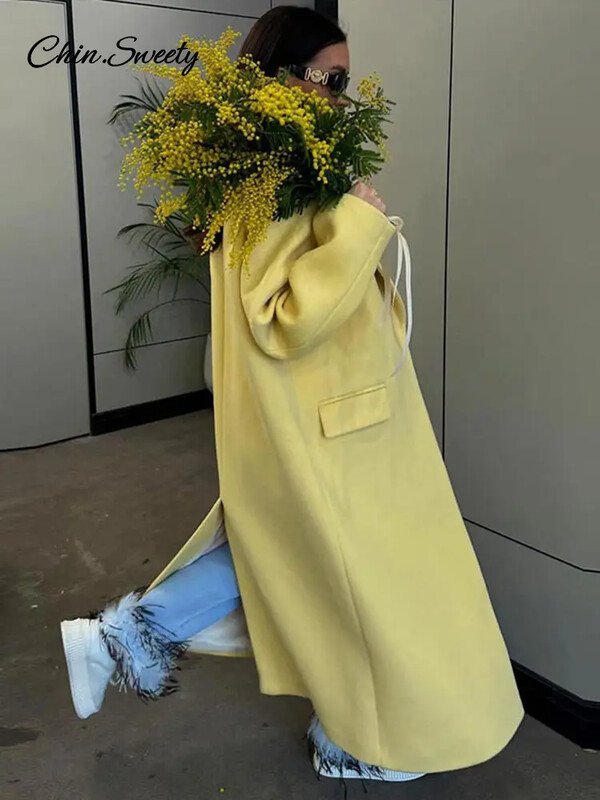 Modes vilnas garais mētelis sieviešu 2024. gada rudens poga ar pilnām piedurknēm, viltota kabata, sadalīta, dzeltena virsjaka, eleganta, liela izmēra Jaunums virsdrēbēs