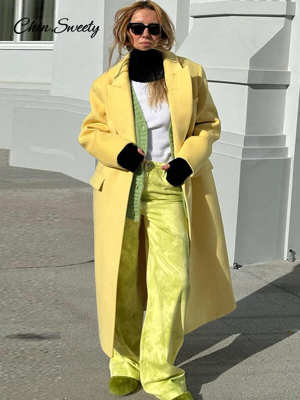 Modes vilnas garais mētelis sieviešu 2024. gada rudens poga ar pilnām piedurknēm, viltota kabata, sadalīta, dzeltena virsjaka, eleganta, liela izmēra Jaunums virsdrēbēs