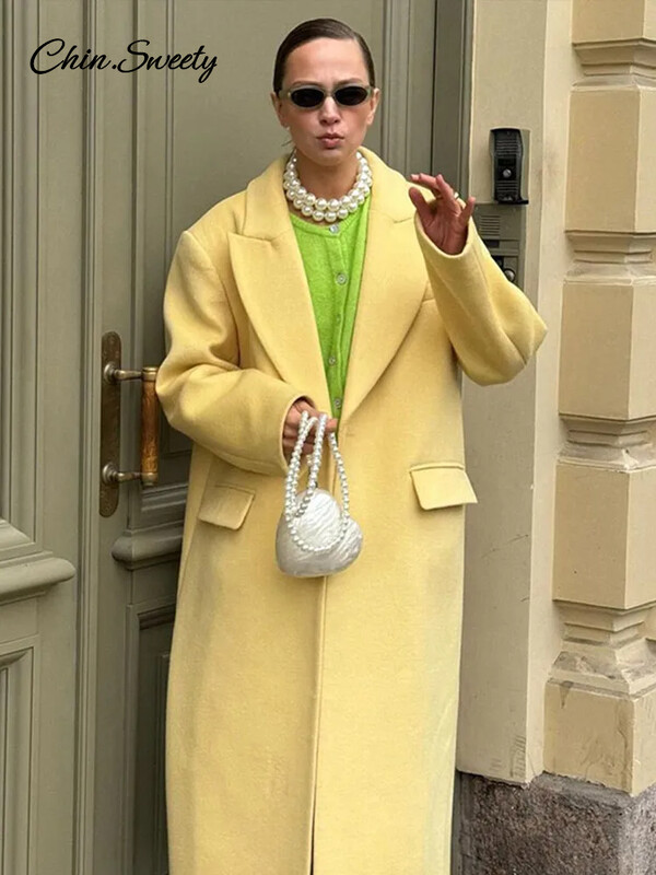 Modes vilnas garais mētelis sieviešu 2024. gada rudens poga ar pilnām piedurknēm, viltota kabata, sadalīta, dzeltena virsjaka, eleganta, liela izmēra Jaunums virsdrēbēs