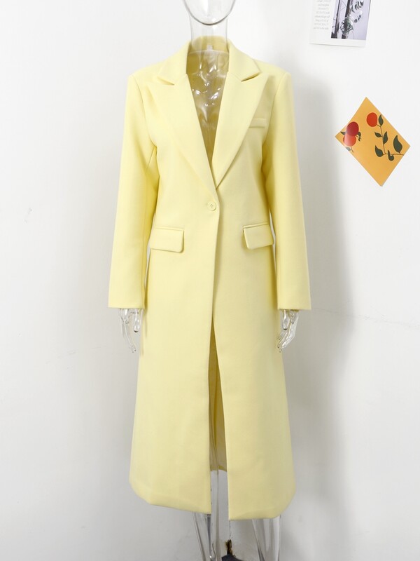 Modes vilnas garais mētelis sieviešu 2024. gada rudens poga ar pilnām piedurknēm, viltota kabata, sadalīta, dzeltena virsjaka, eleganta, liela izmēra Jaunums virsdrēbēs