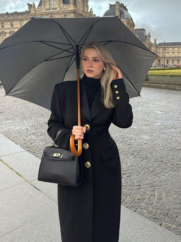 Elegants, vienrindas garais mētelis sievietēm, ikdienišķa sieviešu jaka ar nolaižamu apkakli ar pilnām piedurknēm, 2024. gada sieviešu šiks virsdrēbes