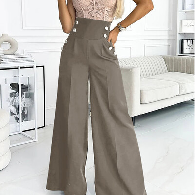 Velika veličina 5XL VONDA Ženske duge hlače širokih nogavica Ležerne jednobojne hlače visokog struka Dizajn s dvostrukim kopčanjem Jesen 2024. Donji dio