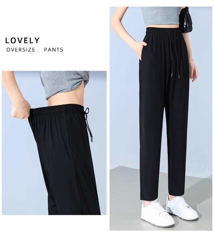 Liela izmēra sporta bikses sievietēm lielizmēra brīvā vasaras ledus zīda plānās ātri žūstošās skriešanas saules aizsardzības taisnās kājās