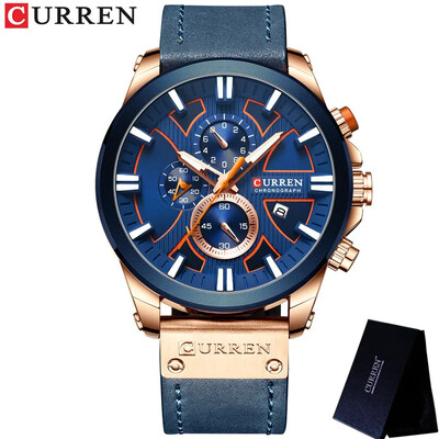 CURREN Man rokas pulkstenis hronogrāfs kalendārs sporta vīriešu pulkstenis militārās armijas augstākās klases luksusa zils īstas ādas vīriešu pulkstenis 8346