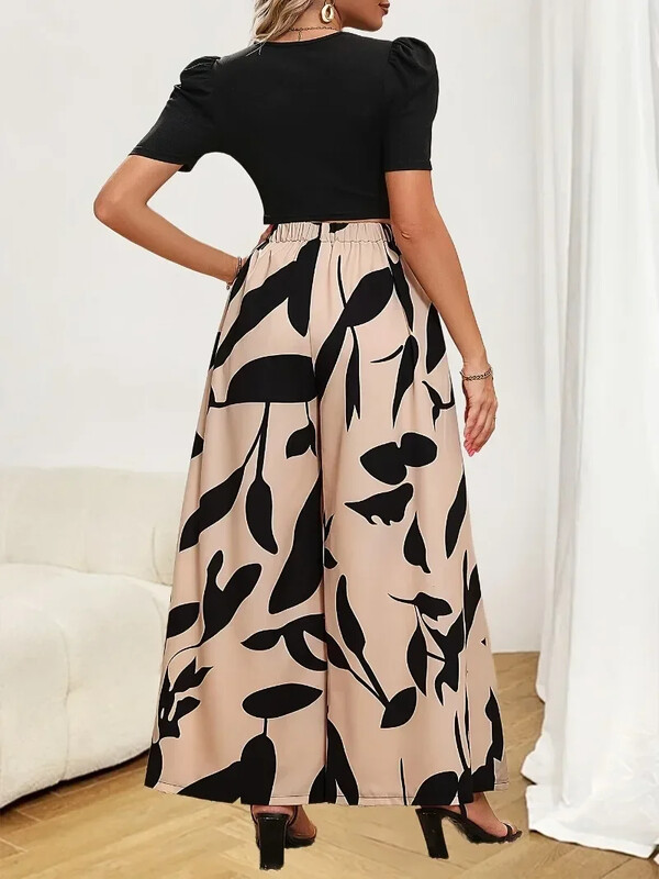 Liela izmēra sieviešu bikses ar ģeometrisku apdruku ar visa ķermeņa apdruku, novājēšanu ar augstu jostasvietu, modernas un elegantas platas bikses