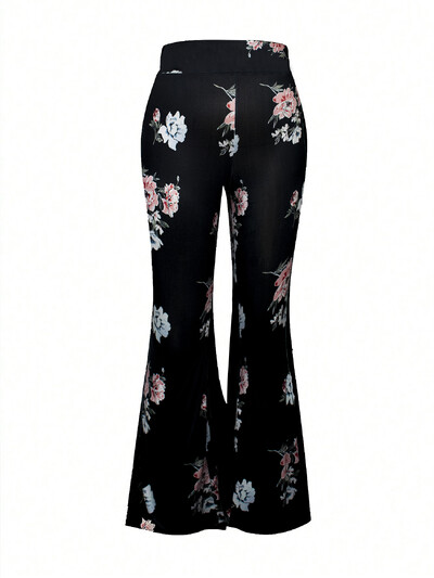 Pantaloni fluidi pentru damă de mărime mare, cu imprimeu floral, tricot elegant, pantaloni evazați cu picioare late, elastici, moale, cu fundul clopot, îmbrăcăminte pentru femei mari