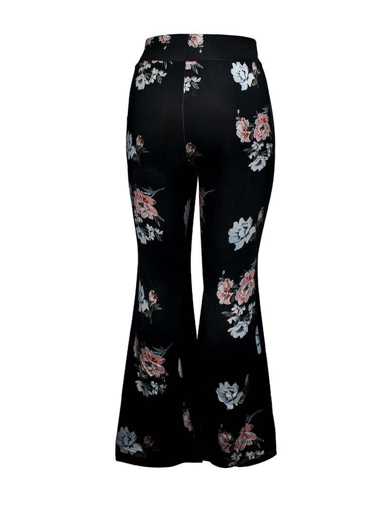 Liela izmēra sieviešu bikses ar ziedu apdruku Eleganta trikotāža, platas bikses ar uzplaiksnījumu Mīkstas, elastīgas sieviešu apģērbs ar zvaniņu apakšā