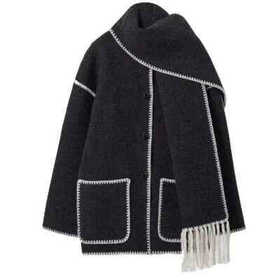 Ārdrēbes rudens ziema sievietēm Modes, vaļīgas pogas, šalle, apkakle, vilnas mētelis, sieviešu, 2024. gada ikdienas kabatas topi ar garām piedurknēm