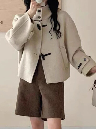 UCXQ Модно вълнено палто Корейски стил Стойка яка Уникално едноредно дебело яке с качулка Дамско 2025 Есен Зима