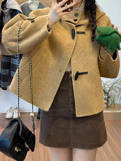 UCXQ Модно вълнено палто Корейски стил Стойка яка Уникално едноредно дебело яке с качулка Дамско 2025 Есен Зима