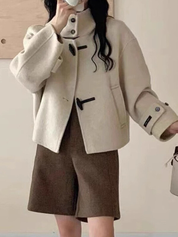 UCXQ Модно вълнено палто Корейски стил Стойка яка Уникално едноредно дебело яке с качулка Дамско 2025 Есен Зима