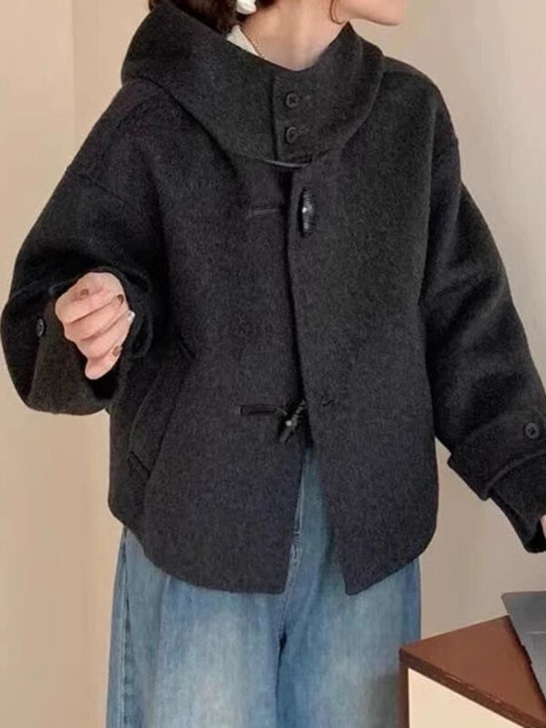 UCXQ Модно вълнено палто Корейски стил Стойка яка Уникално едноредно дебело яке с качулка Дамско 2025 Есен Зима