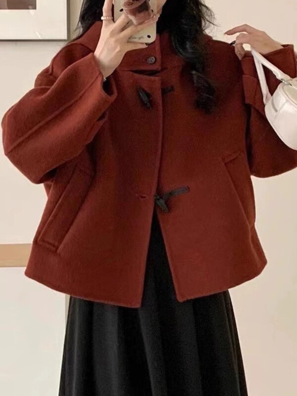 UCXQ Модно вълнено палто Корейски стил Стойка яка Уникално едноредно дебело яке с качулка Дамско 2025 Есен Зима
