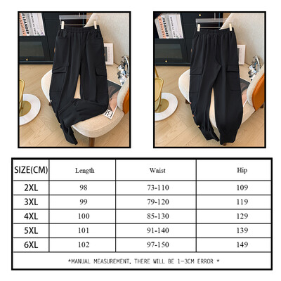 Pavasara un rudens sieviešu lielizmēra melnas ikdienas bikses brīvas elastīgas jostasvietas cargo deviņu ceturtdaļu bikses 2024 jaunas lielas kabatas bikses