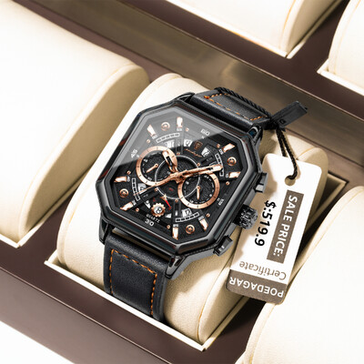 POEDAGAR Luxus Chronograph Square Férfi karóra Vízálló világító randevú férfi karóra Sport bőr férfi karórák Quartz Reloj Hombre