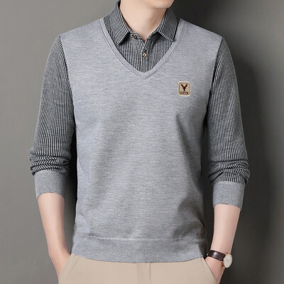 Vīriešu vilnas trikotāžas džemperis Vīriešu džemperis rudens ziemas T-krekls apkakles džemperi bēšs tumši zils korejiešu augšējais apģērbs