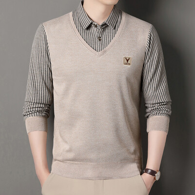 Vīriešu vilnas trikotāžas džemperis Vīriešu džemperis rudens ziemas T-krekls apkakles džemperi bēšs tumši zils korejiešu augšējais apģērbs