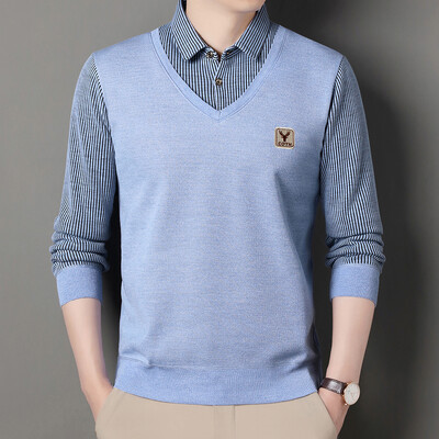 Vīriešu vilnas trikotāžas džemperis Vīriešu džemperis rudens ziemas T-krekls apkakles džemperi bēšs tumši zils korejiešu augšējais apģērbs