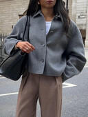 Pelēks ikdienas modes sieviešu mētelis, noliekta apkakle ar vienrindu brīvi īsi mēteļi, jauni retro rudens ziemas vienkrāsaini virsdrēbes