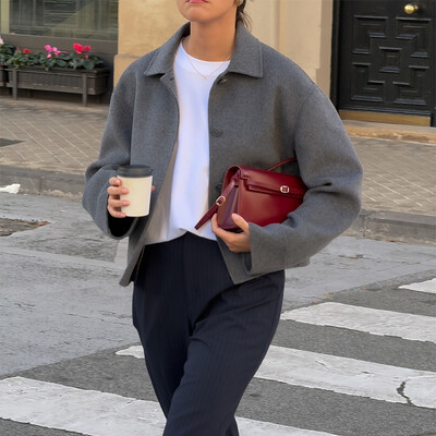 Pelēks ikdienas modes sieviešu mētelis, noliekta apkakle ar vienrindu brīvi īsi mēteļi, jauni retro rudens ziemas vienkrāsaini virsdrēbes