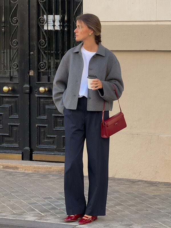 Pelēks ikdienas modes sieviešu mētelis, noliekta apkakle ar vienrindu brīvi īsi mēteļi, jauni retro rudens ziemas vienkrāsaini virsdrēbes