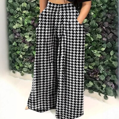 Liela izmēra Houndstooth Plaid Print Rudens garas bikses Sieviešu platas kājas, vaļīgas kroku bikses Sieviešu bikses Modes ar augstu vidukli