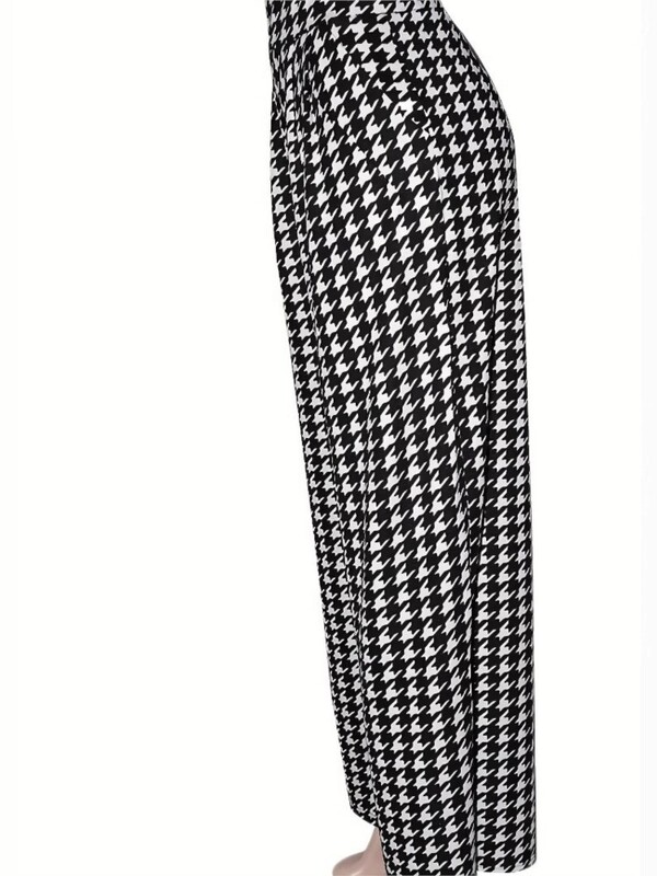 Liela izmēra Houndstooth Plaid Print Rudens garas bikses Sieviešu platas kājas, vaļīgas kroku bikses Sieviešu bikses Modes ar augstu vidukli