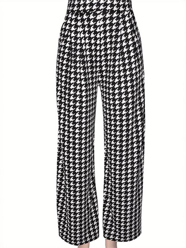 Liela izmēra Houndstooth Plaid Print Rudens garas bikses Sieviešu platas kājas, vaļīgas kroku bikses Sieviešu bikses Modes ar augstu vidukli