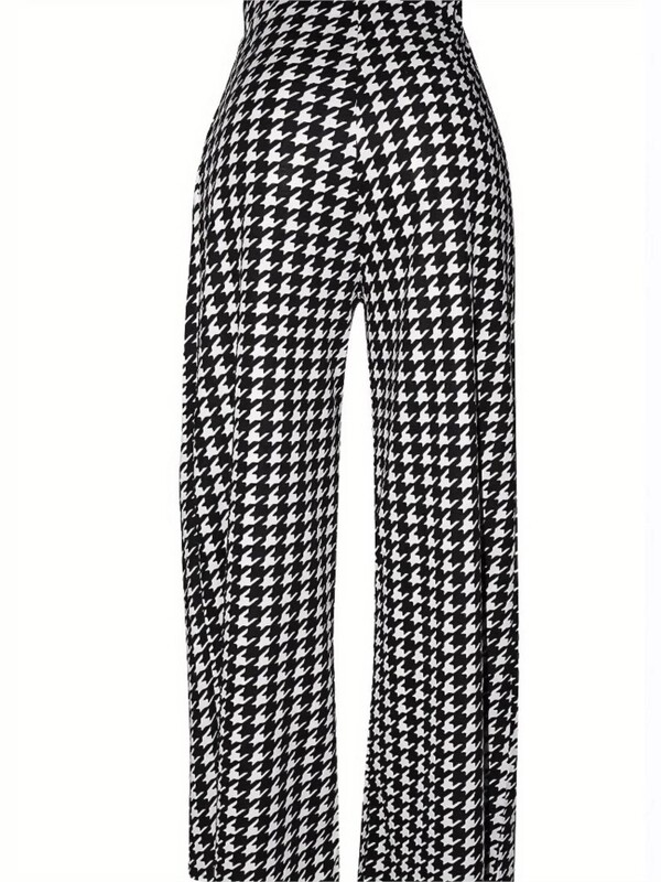 Liela izmēra Houndstooth Plaid Print Rudens garas bikses Sieviešu platas kājas, vaļīgas kroku bikses Sieviešu bikses Modes ar augstu vidukli