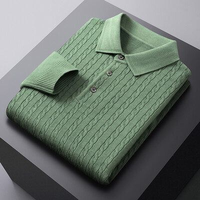 2024. gada rudens/ziema, jauns vīriešu augstākās klases, kvalitatīvs ceptas mīklas džemperis ar garām piedurknēm, mīksts, sabiezināts atloks, adāms vīriešu apģērbs