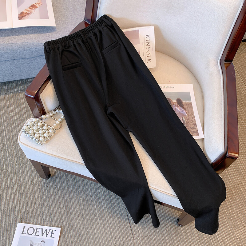 Liela izmēra sieviešu rudens/ziemas, ērtas, ērtas ikdienas modes bikses Vienkāršas, melnas pogas kabatas ar šķēlumu, platas, lielas bikses