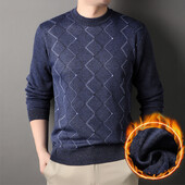 2024. gada rudens un ziemas jauns vīriešu plīša džemperis, silts džemperis ar apaļu kakla izgriezumu, trikotāžas apakšklājs ar dimanta režģa dizainu, ikdienas tops