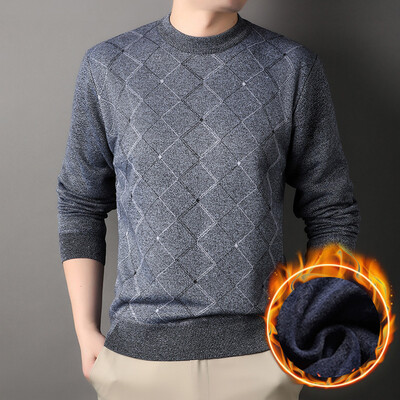 2024. gada rudens un ziemas jauns vīriešu plīša džemperis, silts džemperis ar apaļu kakla izgriezumu, trikotāžas apakšklājs ar dimanta režģa dizainu, ikdienas tops
