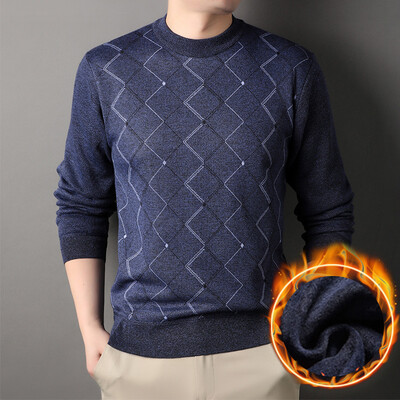 2024. gada rudens un ziemas jauns vīriešu plīša džemperis, silts džemperis ar apaļu kakla izgriezumu, trikotāžas apakšklājs ar dimanta režģa dizainu, ikdienas tops