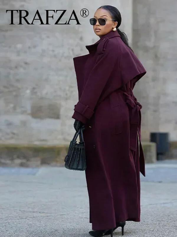TRAFZA sieviešu elegants bordo, liela izmēra atloks, mētelis, vilnas maisījuma jaka ar garām piedurknēm, 2024. gada rudens virsdrēbes