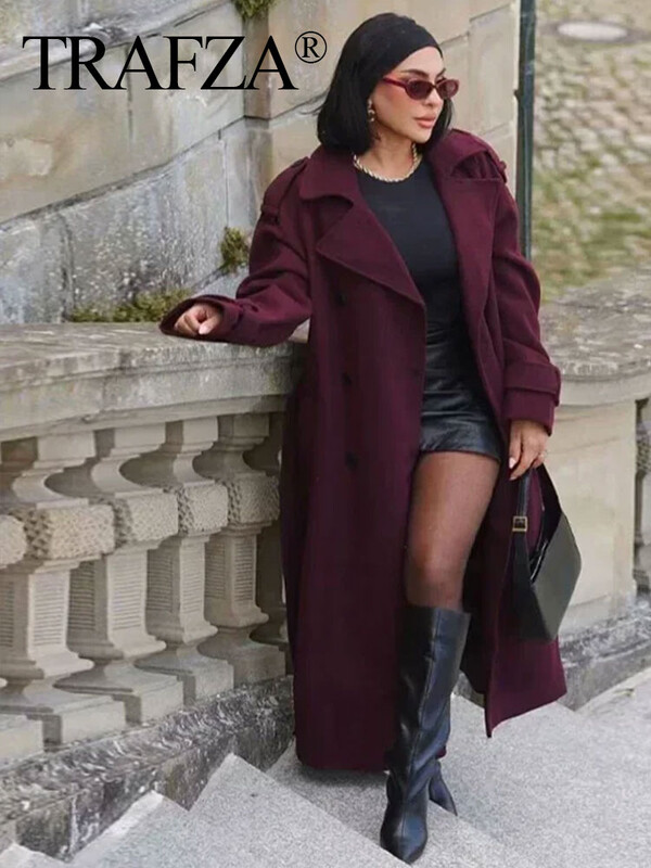 TRAFZA sieviešu elegants bordo, liela izmēra atloks, mētelis, vilnas maisījuma jaka ar garām piedurknēm, 2024. gada rudens virsdrēbes