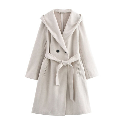 TRAF rudens jauns sieviešu apģērbs moderns temperaments ar jostu un kapuci mīksts ikdienas vējjaka vilnas mētelis