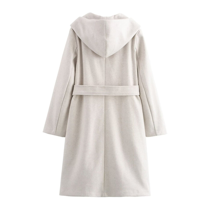 TRAF rudens jauns sieviešu apģērbs moderns temperaments ar jostu un kapuci mīksts ikdienas vējjaka vilnas mētelis