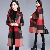 Vintage veliki rešetkasti srednji dugi labavi uski dvostrani vuneni ženski kaput jesen zima od prave vune