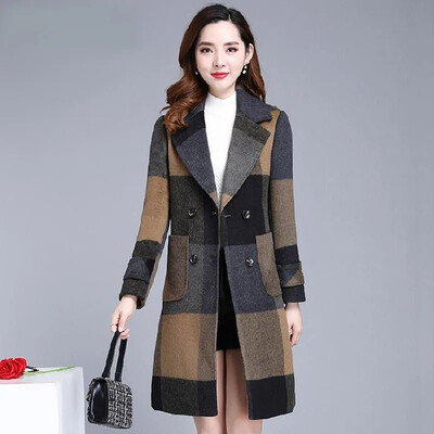 Vintage veliki rešetkasti srednji dugi labavi uski dvostrani vuneni ženski kaput jesen zima od prave vune