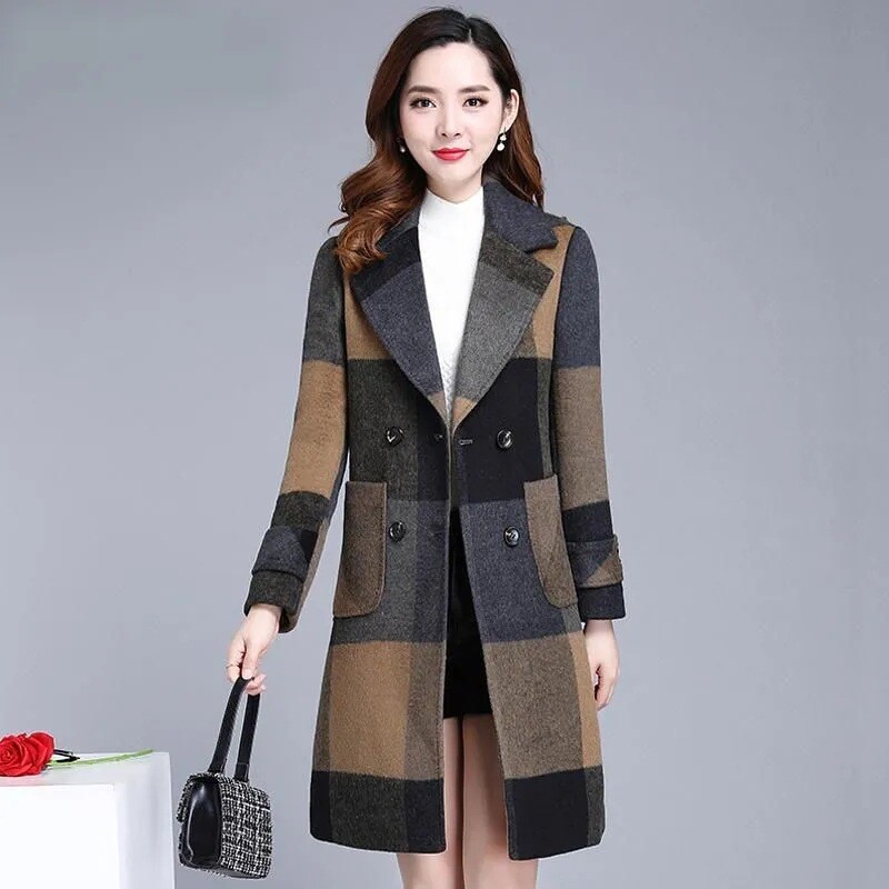 Vintage veliki rešetkasti srednji dugi labavi uski dvostrani vuneni ženski kaput jesen zima od prave vune