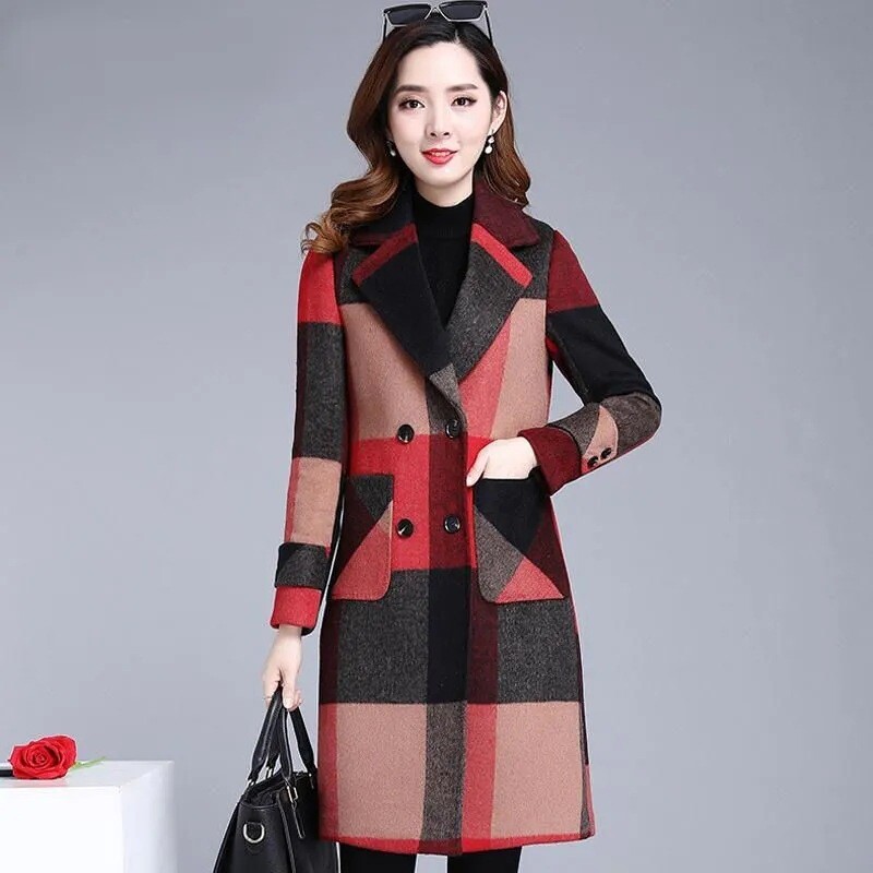 Vintage veliki rešetkasti srednji dugi labavi uski dvostrani vuneni ženski kaput jesen zima od prave vune