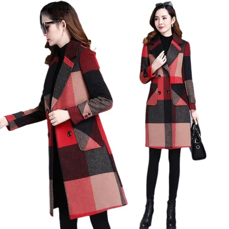 Vintage veliki rešetkasti srednji dugi labavi uski dvostrani vuneni ženski kaput jesen zima od prave vune